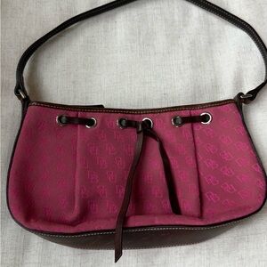 Pink and Brown Shoulder Bag with Drawstring Closure and Textured Fabric